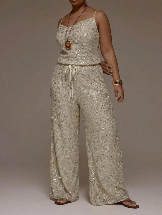 Pants - Cream Casual Women's Plus Size Sequin Knit Mid Rise Tie Waist Wide Leg Trousers